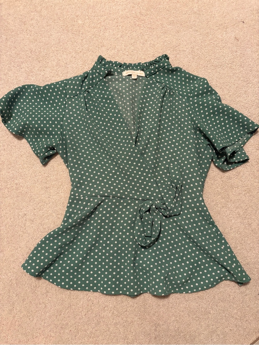Green Polka Dot Wrap Blouse with Tie Waist - Women Tops